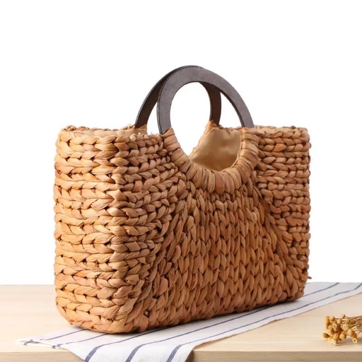 PANIER EN PAILLE AVEC ANSE EN BOIS